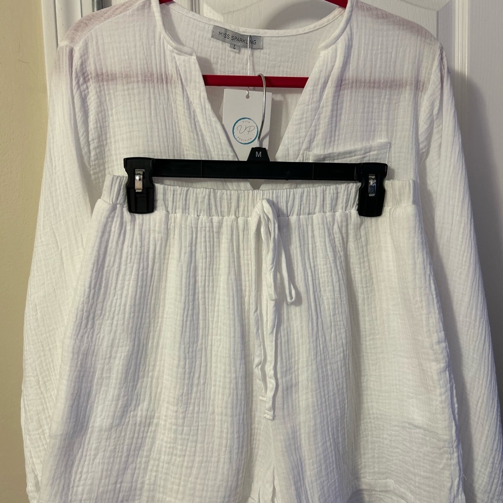 Miss Sparkling White Cotton Gauze Lounge Set - Women